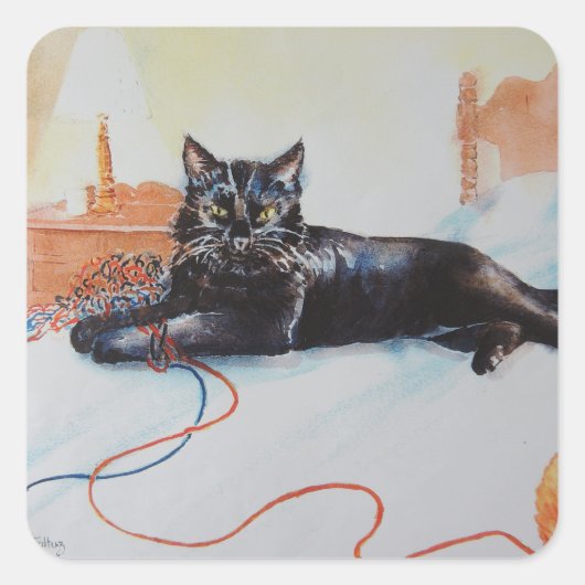 Schwarze Katze mit Garn Quadratischer Aufkleber (Vorderseite)