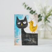Schwarze Katze mit gelbem Vogel auf der Rückseite Postkarte (Stehend Vorderseite)