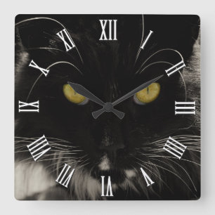 Schwarze Katze mit gelben Augen, Liebe Katzen Quadratische Wanduhr