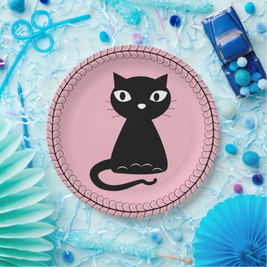Schwarze Katze mit geschlitztem Schwanz Pappteller (Party)