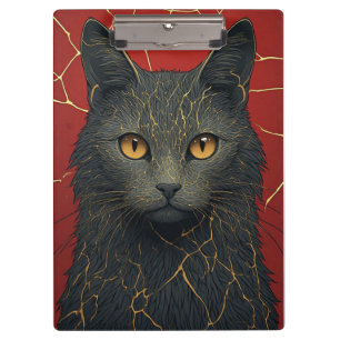 Schwarze Katze mit goldenem Kintsugi-Rissakzent ✨ Klemmbrett