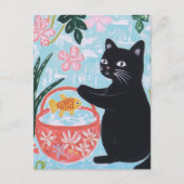 Schwarze Katze mit Goldfish im Korb Postkarte (Vorderseite)