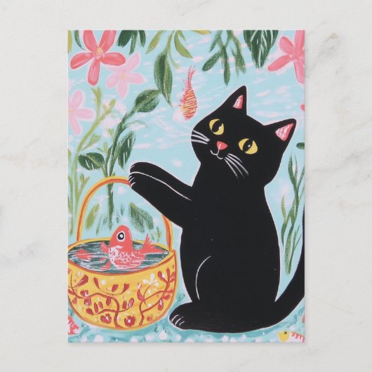 Schwarze Katze mit Goldfish Postkarte (Vorderseite)