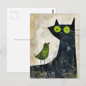 Schwarze Katze mit grünem Vogel auf der Rückseite Postkarte (Vorne/Hinten)