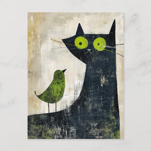 Schwarze Katze mit grünem Vogel auf der Rückseite Postkarte (Vorderseite)