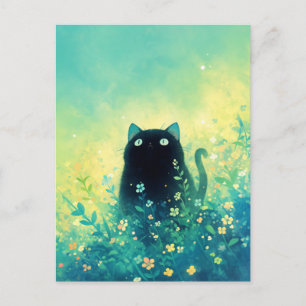 Schwarze Katze mit grünen Augen auf einer Wiesenbl Postkarte