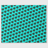 Schwarze Katze mit grünen Augen auf türkisblau Geschenkpapier (Flach)