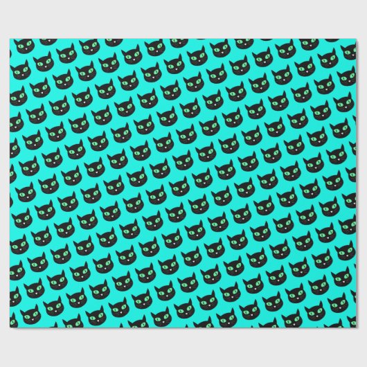 Schwarze Katze mit grünen Augen auf türkisblau Geschenkpapier (Flach)