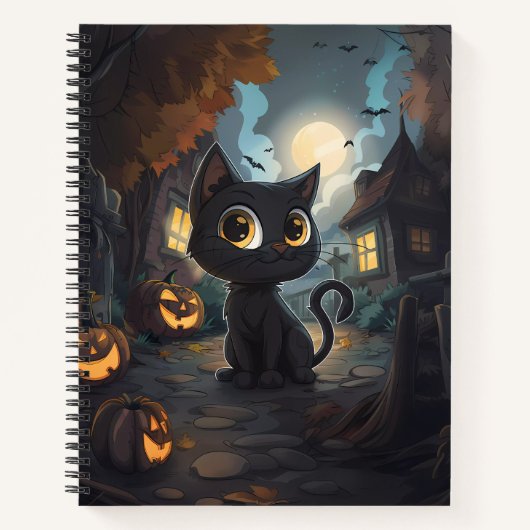 Schwarze Katze mit Halloween-Jack-o-Lanterns Notizblock (Vorderseite)