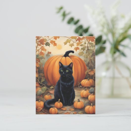 Schwarze Katze mit Halloween Pumpkin Postkarte (Stehend Vorderseite)
