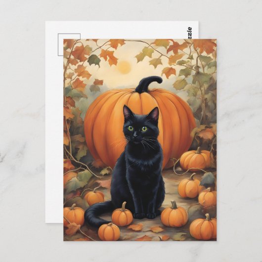 Schwarze Katze mit Halloween Pumpkin Postkarte (Vorne/Hinten)