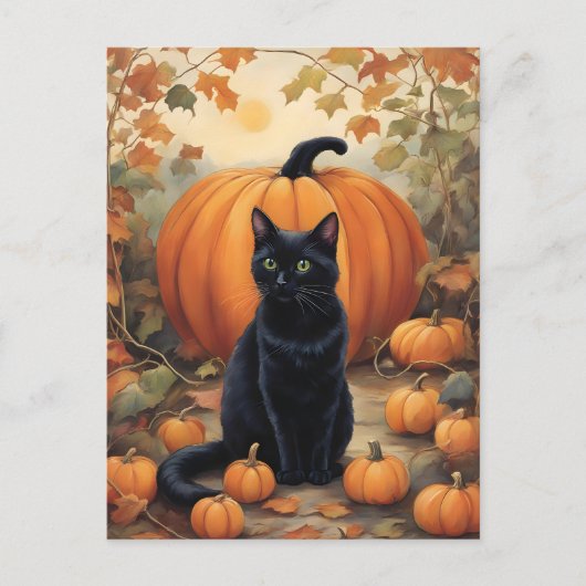 Schwarze Katze mit Halloween Pumpkin Postkarte (Vorderseite)