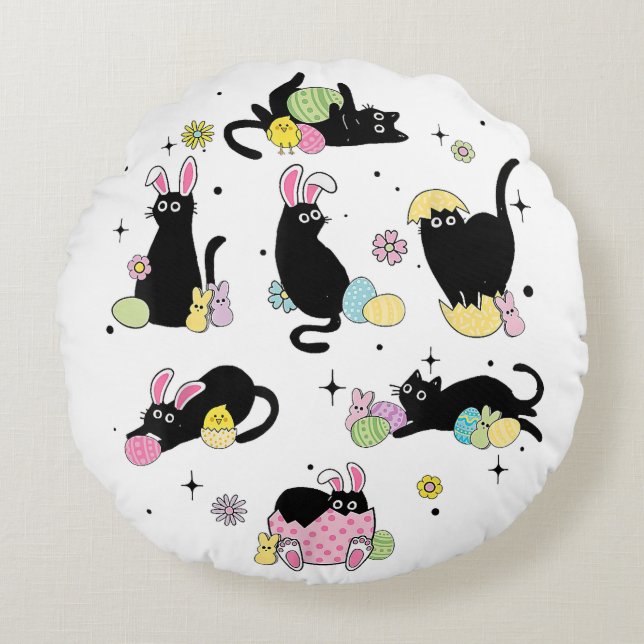Schwarze Katze mit Haseneiern Rundes Kissen (Vorderseite)