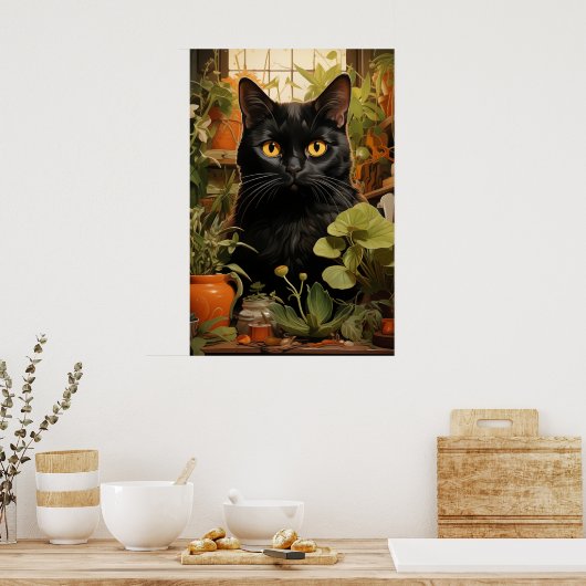 Schwarze Katze mit Häusern Poster (Küche)
