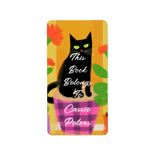 Schwarze Katze mit Hauspflanzen Dieses Buch gehört Adressaufkleber (Vorne)