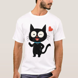 Schwarze Katze mit Herz Cartoon T-Shirt