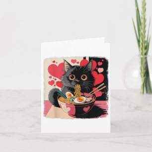 Schwarze Katze mit Herz isst Ramen-Nudeln an Valen Karte