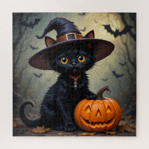 Schwarze Katze mit Hexenhut Puzzle