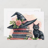 Schwarze Katze mit Hexenhut und Büchern Postkarte (Vorne/Hinten)
