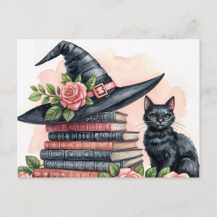 Schwarze Katze mit Hexenhut und Büchern Postkarte