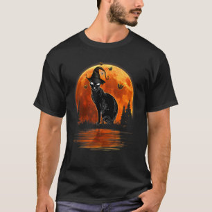 Schwarze Katze mit Hexenhut und Mond Halloween-Kos T-Shirt