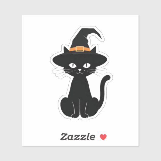 Schwarze Katze mit Hexenhutdesign (Halloween) Aufkleber (Blatt)
