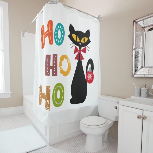 Schwarze Katze mit Ho Ho Ho Textdesign Duschvorhang (Beispiel)