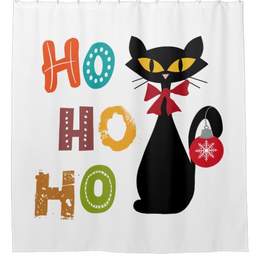 Schwarze Katze mit Ho Ho Ho Textdesign Duschvorhang (Vorderseite)