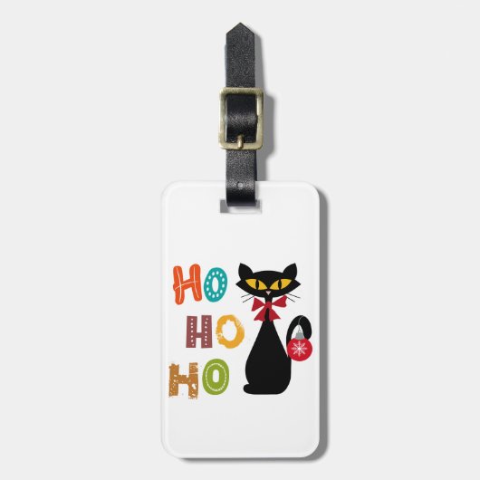 Schwarze Katze mit Ho Ho Ho Textdesign Gepäckanhänger (Vorderseite vertikal)
