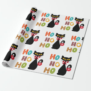 Schwarze Katze mit Ho Ho Ho Textdesign Geschenkpapier
