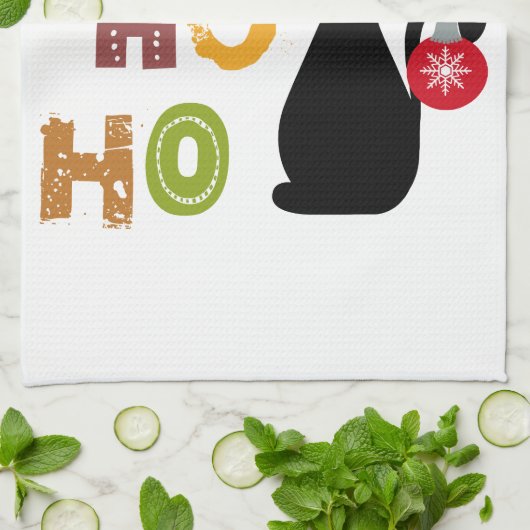 Schwarze Katze mit Ho Ho Ho Textdesign Geschirrtuch (Gefaltet)