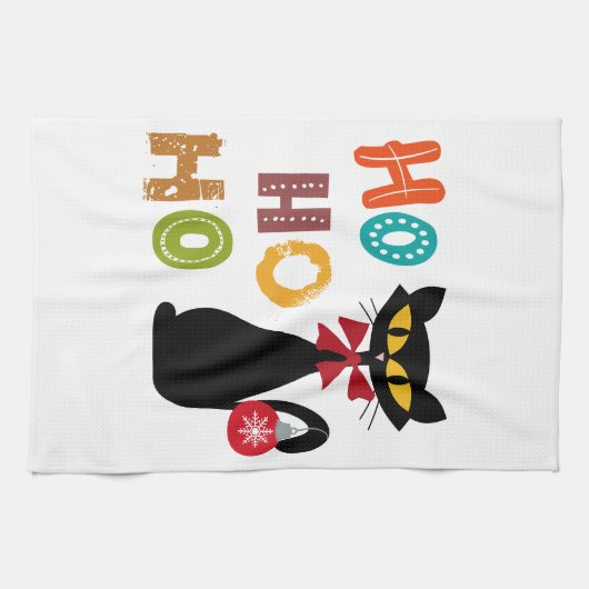 Schwarze Katze mit Ho Ho Ho Textdesign Geschirrtuch (Horizontal)