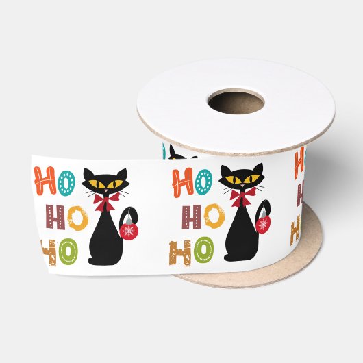 Schwarze Katze mit Ho Ho Ho Textdesign Satinband (Spule)