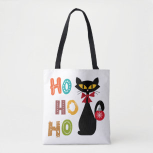 Schwarze Katze mit Ho Ho Ho Textdesign Tasche