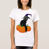 Schwarze Katze mit Hut und Kürbis zu Halloween T-Shirt (Vorderseite)