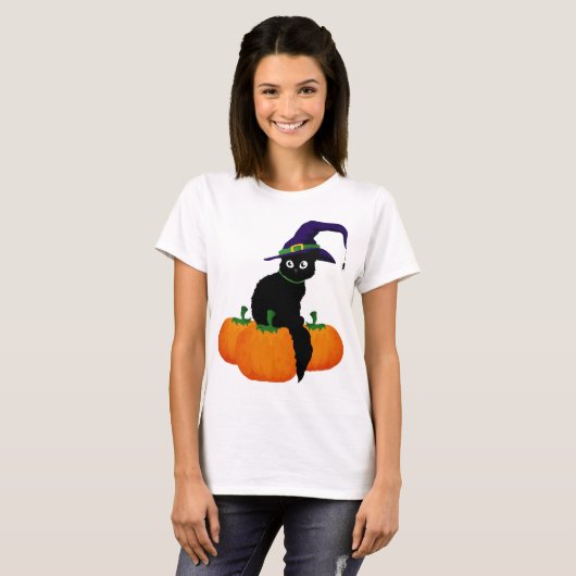 Schwarze Katze mit Hut und Kürbis zu Halloween T-Shirt (Vorne ganz)