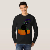 Schwarze Katze mit Hut und Kürbis zu Halloween T-Shirt (Vorne ganz)