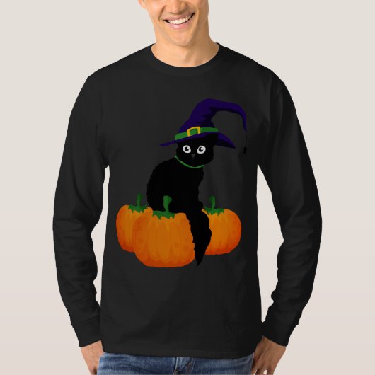 Schwarze Katze mit Hut und Kürbis zu Halloween T-Shirt (Vorderseite)