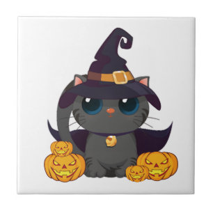Schwarze Katze mit Jack O Lantern Halloween-Shirt Fliese