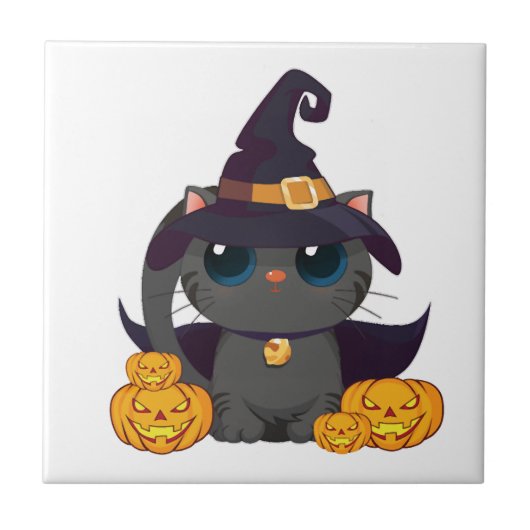 Schwarze Katze mit Jack O Lantern Halloween-Shirt Fliese (Vorderseite)