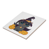 Schwarze Katze mit Jack O Lantern Halloween-Shirt Fliese (Seite)