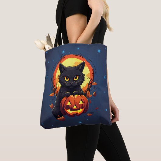 Schwarze Katze mit Jack-O' Lantern Halloween Tasche (Von Nahem)