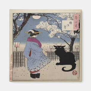 Schwarze Katze mit japanischer Lady Magnet