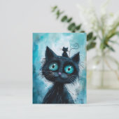Schwarze Katze mit kleiner Katze auf Kopf Postkarte (Stehend Vorderseite)