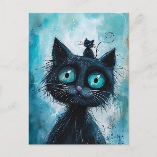 Schwarze Katze mit kleiner Katze auf Kopf Postkarte (Vorderseite)