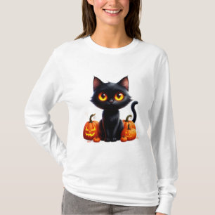 Schwarze Katze mit Kürbis Halloween-Szene T-Shirt