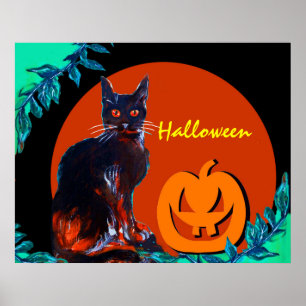 SCHWARZE KATZE MIT KÜRBIS IN HALLOWEEN-NACHT POSTER