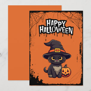 Schwarze Katze mit Kürbis-Jack-O'-Lantern Feiertagskarte
