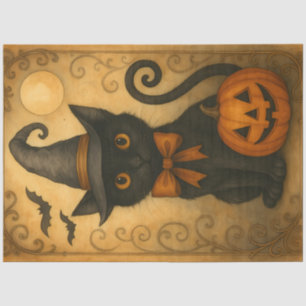 Schwarze Katze mit Kürbis – Vintage Halloween Seidenpapier