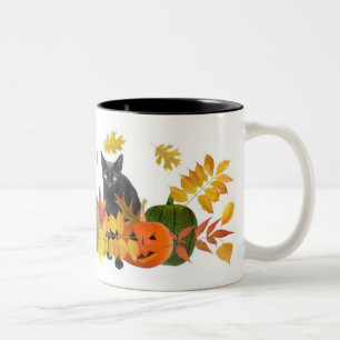 Schwarze Katze mit Kürbisen Zweifarbige Tasse